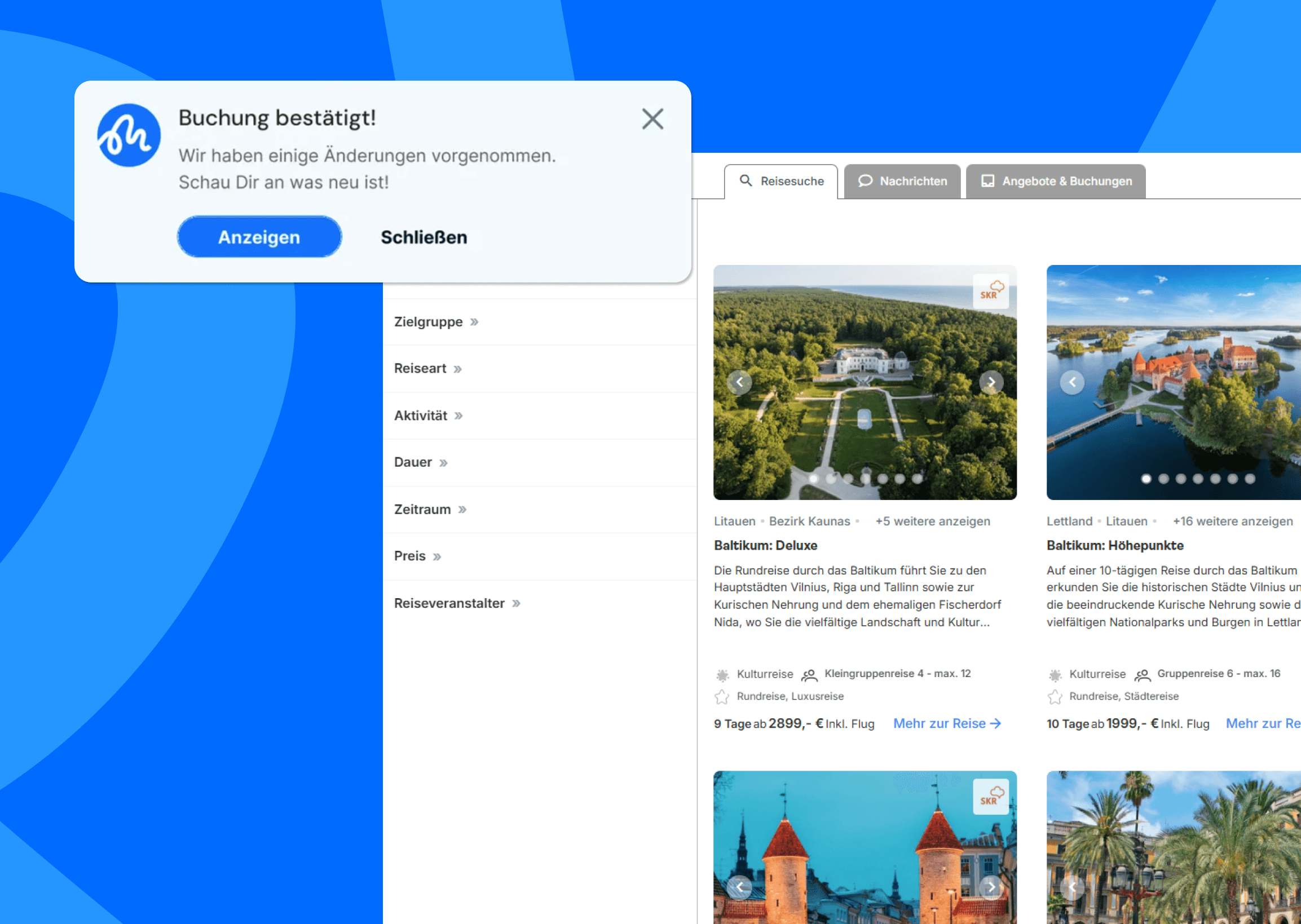 mileMio Produktscreenshot: Durchbuchbarkeit – Buchungsbestätigung nach Änderungen