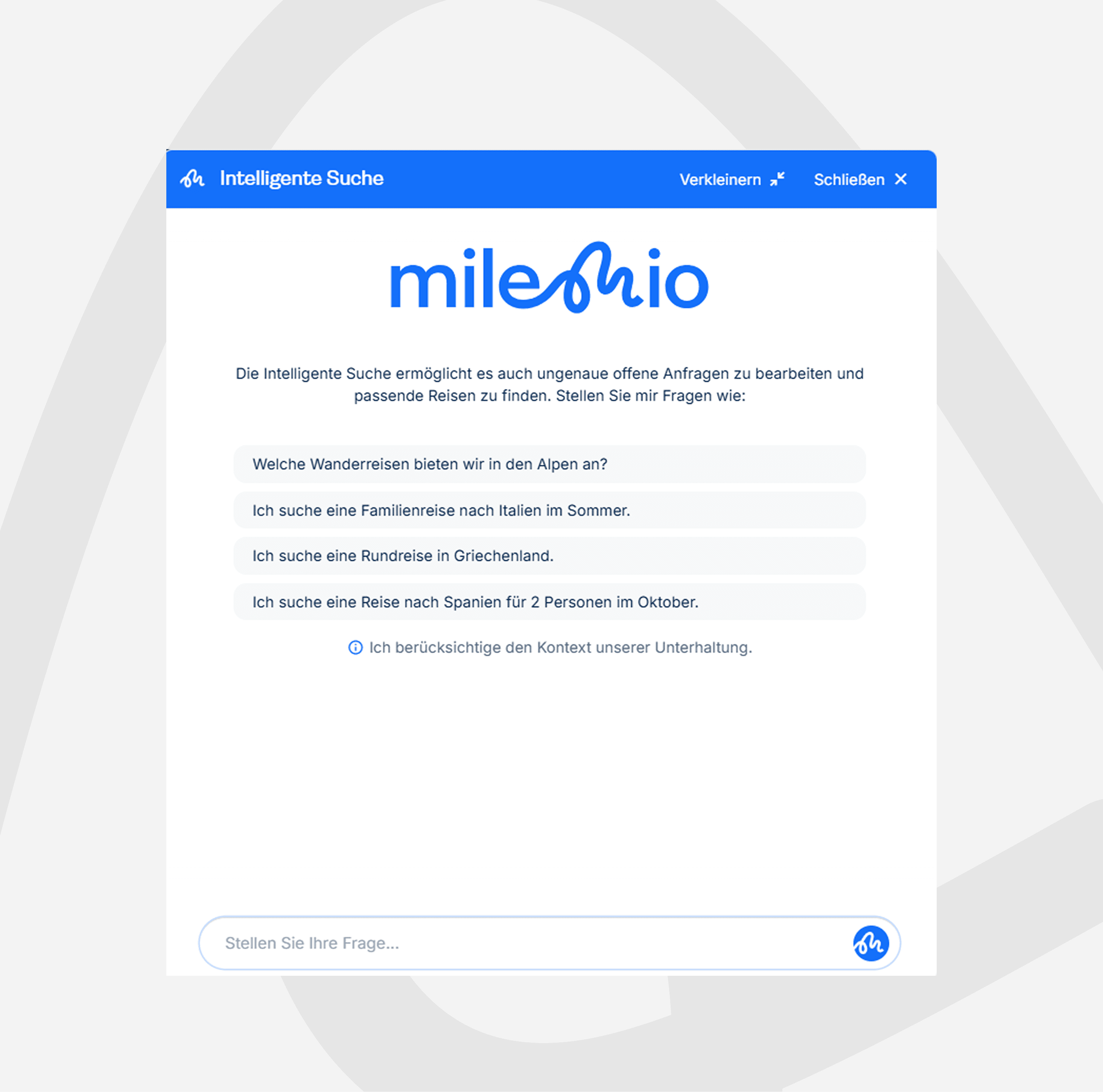mileMio Produktscreenshot: Intelligente Suche (KI-Chat)