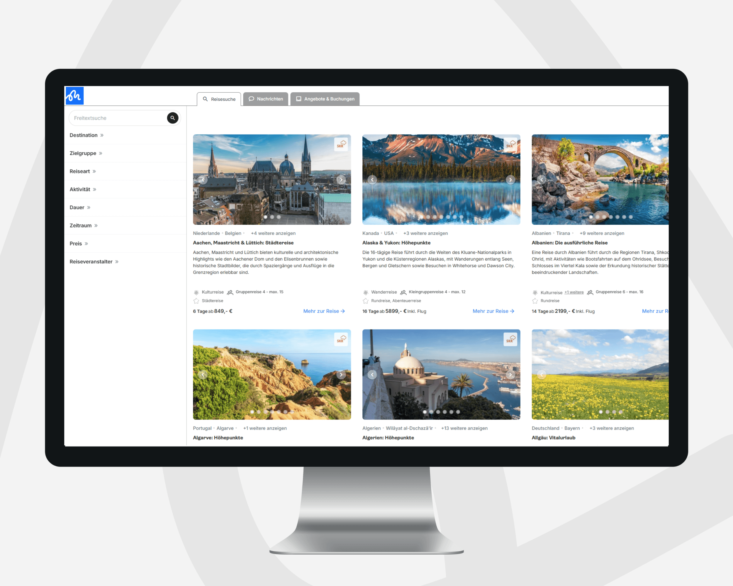 mileMio Produktscreenshot: Reisesuche mit Filtern und Ergebnisliste